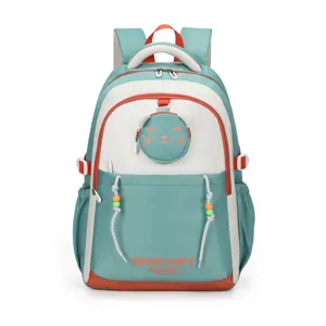 Cute Canvas School Backpack With Cat Pendant Multi-color Casual Daypack For Students