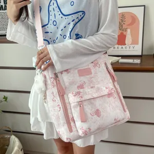 Korean style cute bear print multi-compartment canvas backpack for school girls daily use