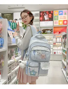Detail view of cute Japanese style blue star backpack in store scene, casual lifestyle shot.