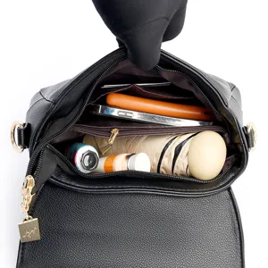 Black soft leather women's shoulder bag, casual messenger handbag with large capacity interior design.