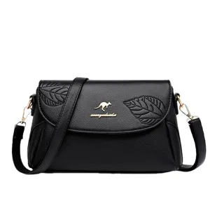 Women Soft Leather Shoulder Bag Casual Crossbody Handbag Elegant Flap Bag with Leaf Emboss