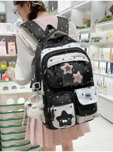 Japanese cute star print school backpack for students, large capacity casual daypack.