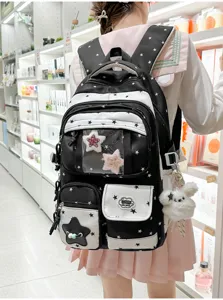 Japanese cute star backpack for women and students, lightweight canvas bookbag with clear pocket.