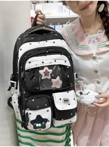 Japanese cute star print canvas backpack with multi pockets and clear window for students teens