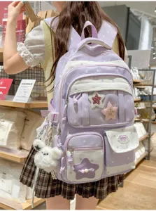 Japanese cute purple star print backpack detail view, featuring multiple storage pockets and charms.