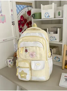Cute Japanese style star school backpack for teen girls light yellow large capacity book bag