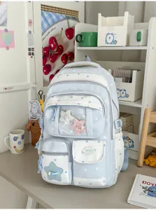 Cute Japanese star print canvas school backpack featuring transparent front pocket and storage.