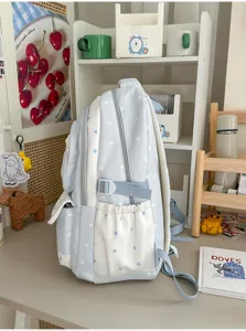 Cute star print canvas backpack for school girls, lightweight daily casual daypack detailed view.