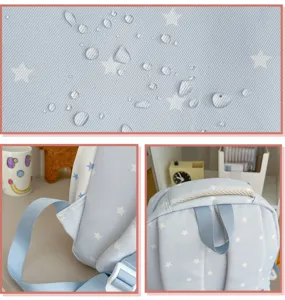 Detailed view of light blue cute star print waterproof school backpack for students and teens.