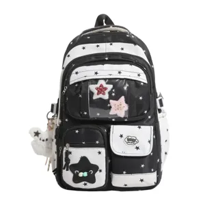 Japanese Cute Star Print Nylon Casual Backpack Large Capacity School Bag For Students Teen Girls Daily Travel Daypack