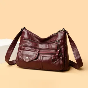 Wine red PU leather multi pocket shoulder crossbody bag for women casual daily use stylish purse