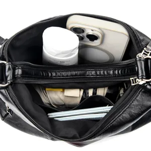 Black PU leather shoulder bag women crossbody versatile quilted multi-pocket handbag capacity