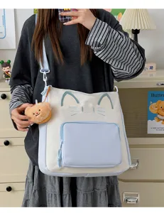 Canvas cat tote bag large capacity cute shoulder bag school commuter crossbody bag for girls