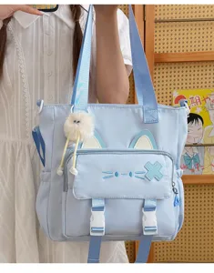 Cute cat ear canvas shoulder bag large capacity student travel crossbody bag light blue