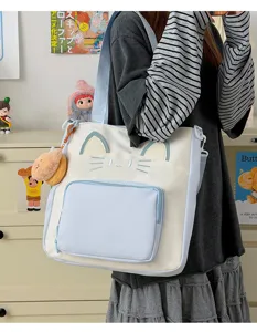 College style canvas tote bag for women, large capacity color block shoulder bag with cat design.