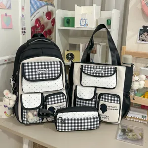 Cute Casual Nylon Student Backpack Tote Bag And Pencil Case Color Block School Bookbag For Teen Girls