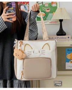 Cute cat design color block canvas tote bag with bear pendant for school and commute