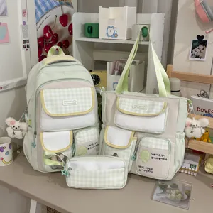 Cute aesthetic green backpack tote bag set multi-compartment student school travel casual bag