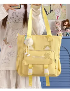 Cute yellow cat ear canvas tote bag large capacity student casual shoulder crossbody bag