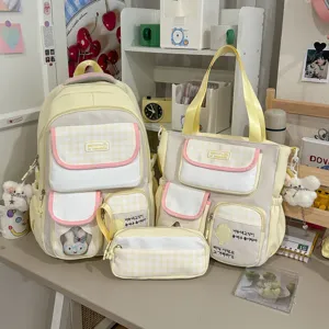 Cute yellow plaid school backpack and tote bag multi-pocket student casual set for daily use.