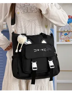 Cute black cat canvas messenger bag large capacity student school shoulder crossbody bag