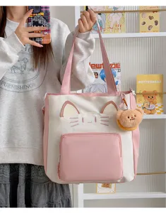 Cute cat canvas tote bag for women, large capacity pink color block shoulder bag school.