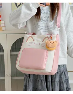 Cute cat canvas tote bag with large capacity, stylish pink and white color block shoulder bag.