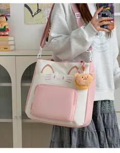 College style colorblock cat canvas tote bag, large capacity shoulder crossbody bag for daily commute.