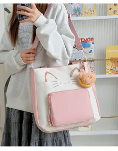 Cute cat canvas tote bag with shoulder strap, large capacity commuter casual handbag.