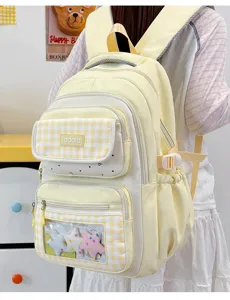 Yellow plaid student school bag large capacity cute ita backpack with transparent pocket.