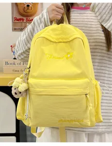 Japanese style solid yellow casual backpack for women lightweight school travel bag