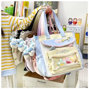 Cute student large capacity canvas tote bag with transparent front pocket and cat ears design.