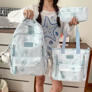Korean style cute bear print school backpack set with multi compartments for students details view.