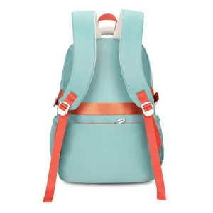 Teal backpack rear view showing adjustable orange straps, white buckles, and zipper pocket.