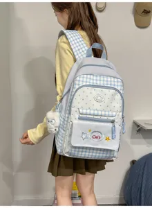 Blue plaid school backpack for teenage girls cute sweet student book bag with pendant
