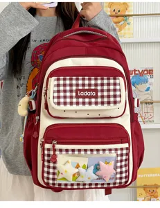Large capacity plaid school backpack with transparent ita window, cute canvas dual shoulder bag.