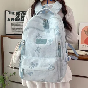Korean style light blue cute bear print multi-compartment student school backpack for girls