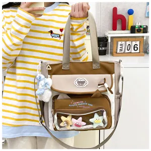Cute canvas shoulder bag with transparent front pocket, ideal for daily school and casual use.