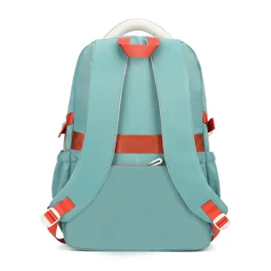Teal school backpack detail showing shoulder straps, durable orange webbing, and white buckles.