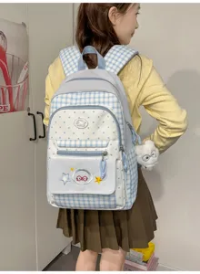 Cute blue and white checkered backpack sweet style school bag for students and teens daily use.