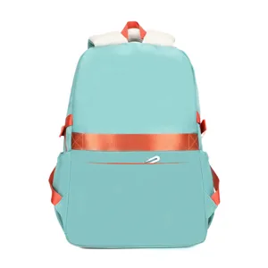 Cyan school backpack detail view featuring vibrant orange straps and front pocket zipper design.