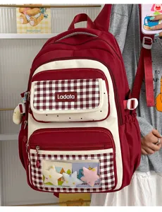 Large capacity student school backpack with a cute red white plaid pattern and transparent ita bag.
