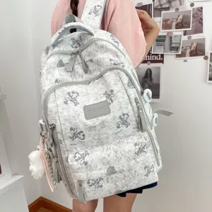 Korean style canvas school backpack for teen girls multi-pocket cute bear print travel book bag