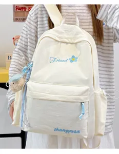 Detailed view of the white Japanese style minimalist casual backpack with cute embroidery.
