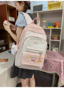 Pink and white plaid school backpack for students, sweet style daily daypack with pockets.