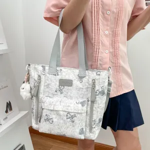 Grey canvas tote bag featuring cute bear print and multiple functional storage compartments.