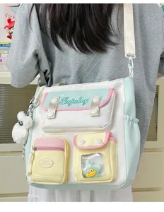 College style canvas shoulder bag with multi pockets, large capacity casual school bag.