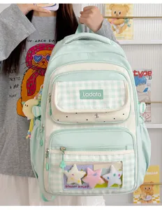 Detailed view of the cute plaid student backpack with transparent ita window and large storage capacity.