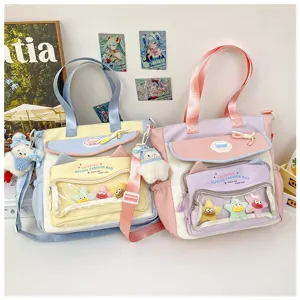 Cute student transparent canvas tote bag with star plushies and cute bear pendant detail.