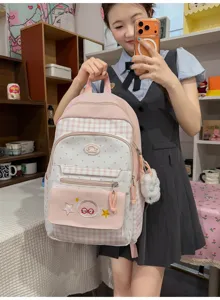 Pink white plaid school backpack for teenage girls cute sweet style daily campus bookbag